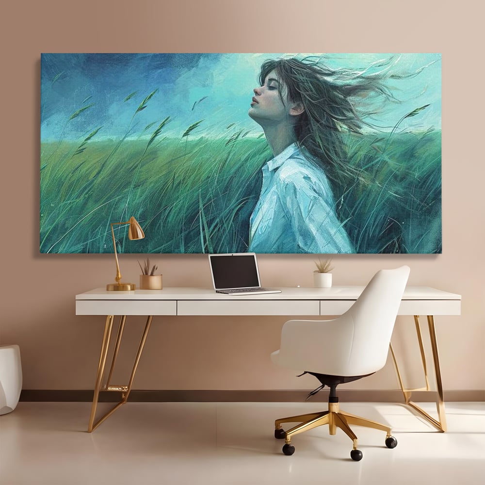 Tablou canvas cu tablou canvas cu fata in camp de iarba, fara rama, pe sasiu de lemn, pe perete intr-un birou